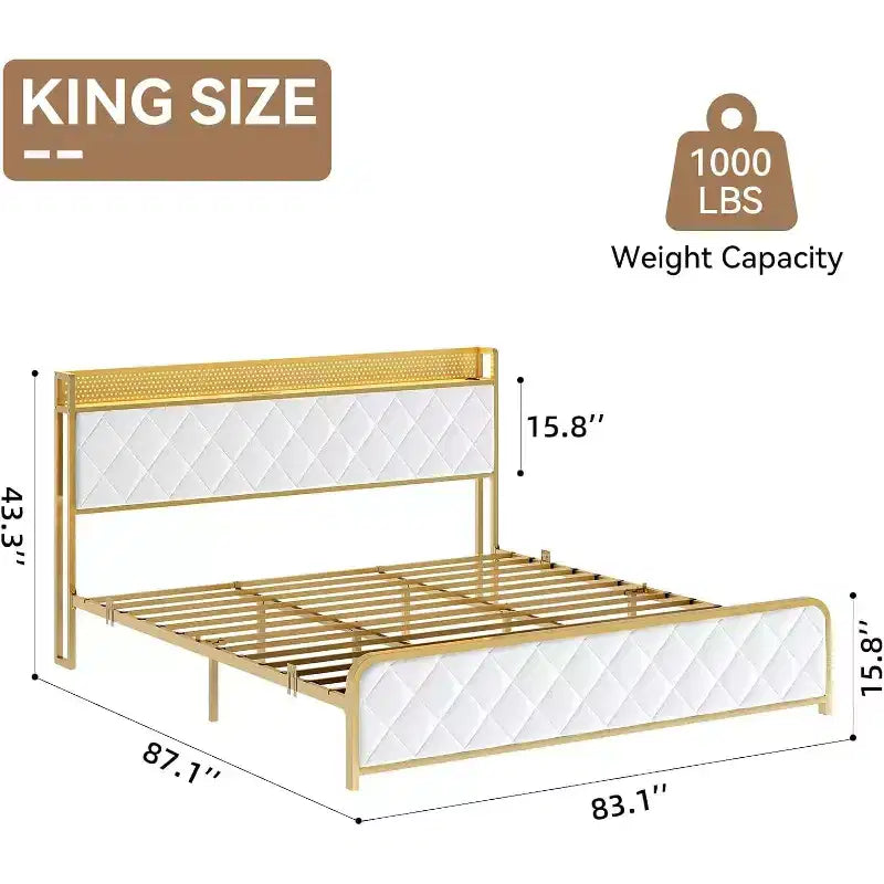 King Size Platform Bed with Charging Station, Upholstered Headboard & Footboard, RGB Lighting — Beige