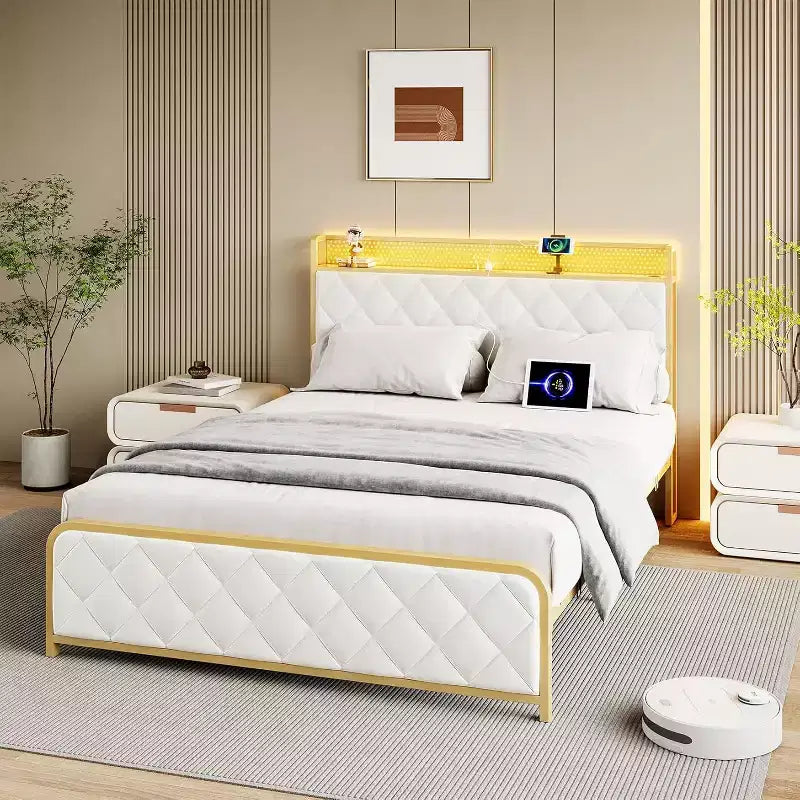 King Size Platform Bed with Charging Station, Upholstered Headboard & Footboard, RGB Lighting — Beige