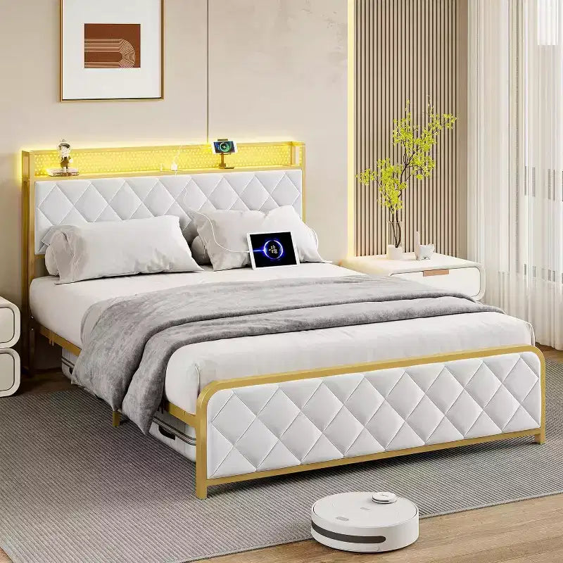 King Size Platform Bed with Charging Station, Upholstered Headboard & Footboard, RGB Lighting — Beige