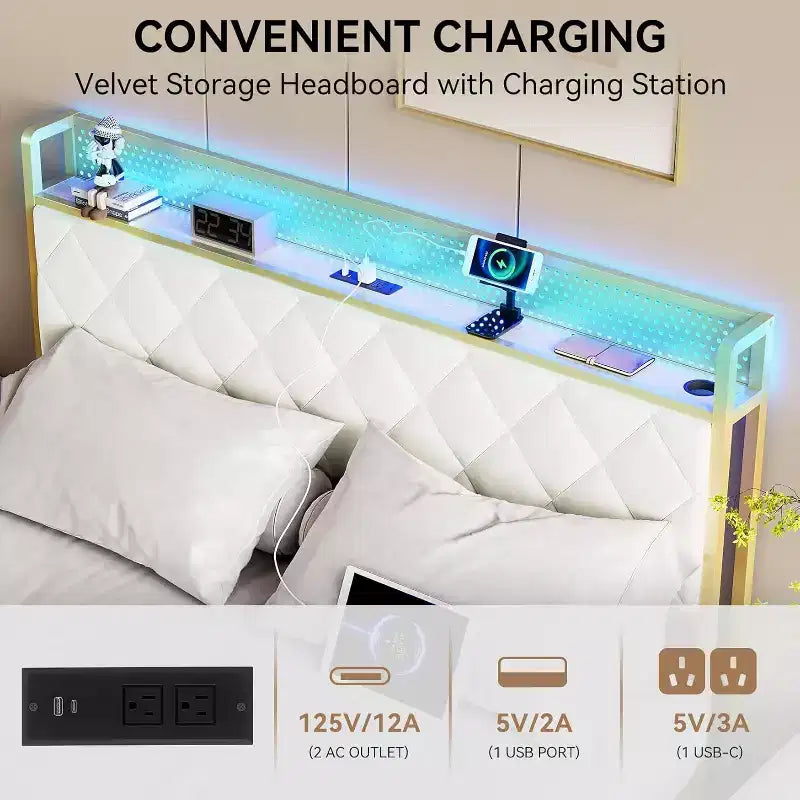King Size Platform Bed with Charging Station, Upholstered Headboard & Footboard, RGB Lighting — Beige
