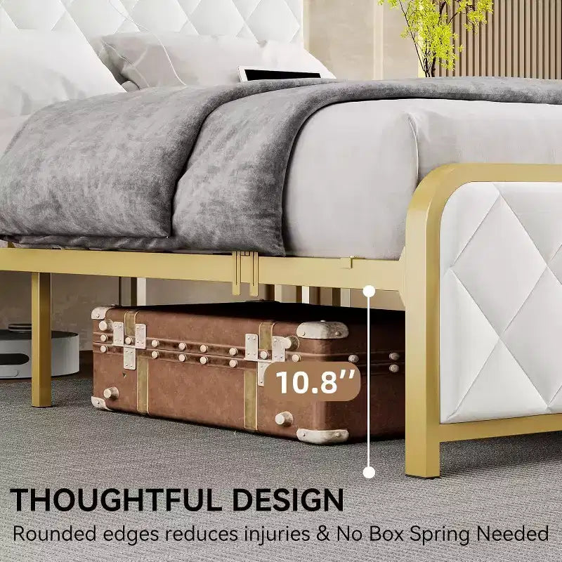 King Size Platform Bed with Charging Station, Upholstered Headboard & Footboard, RGB Lighting — Beige