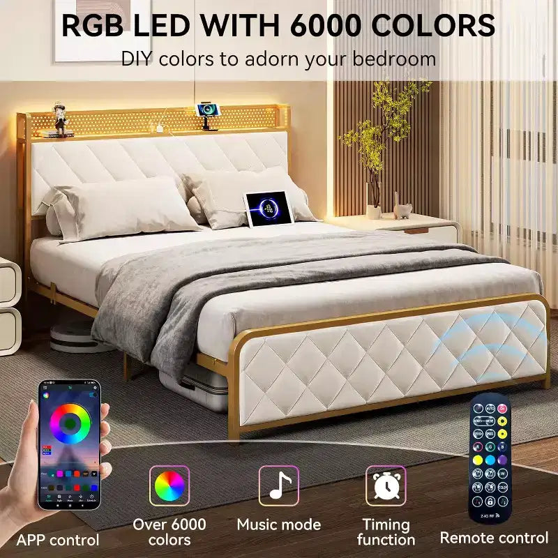 King Size Platform Bed with Charging Station, Upholstered Headboard & Footboard, RGB Lighting — Beige