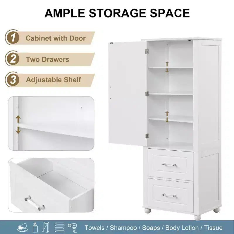 Modern Freestanding Bathroom Storage Cabinet with 2 Drawers and Adjustable Shelf
