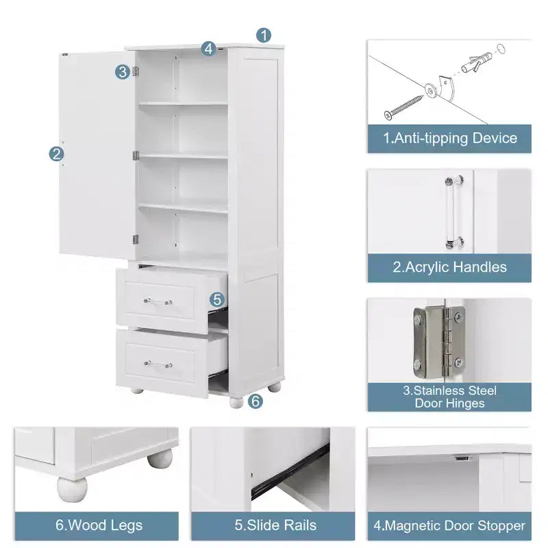 Modern Freestanding Bathroom Storage Cabinet with 2 Drawers and Adjustable Shelf
