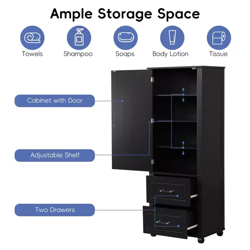Modern Freestanding Bathroom Storage Cabinet with 2 Drawers and Adjustable Shelf