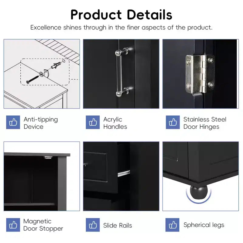 Modern Freestanding Bathroom Storage Cabinet with 2 Drawers and Adjustable Shelf