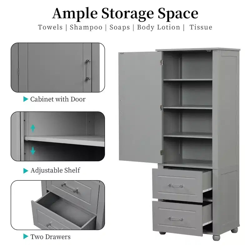 Modern Freestanding Bathroom Storage Cabinet with 2 Drawers and Adjustable Shelf