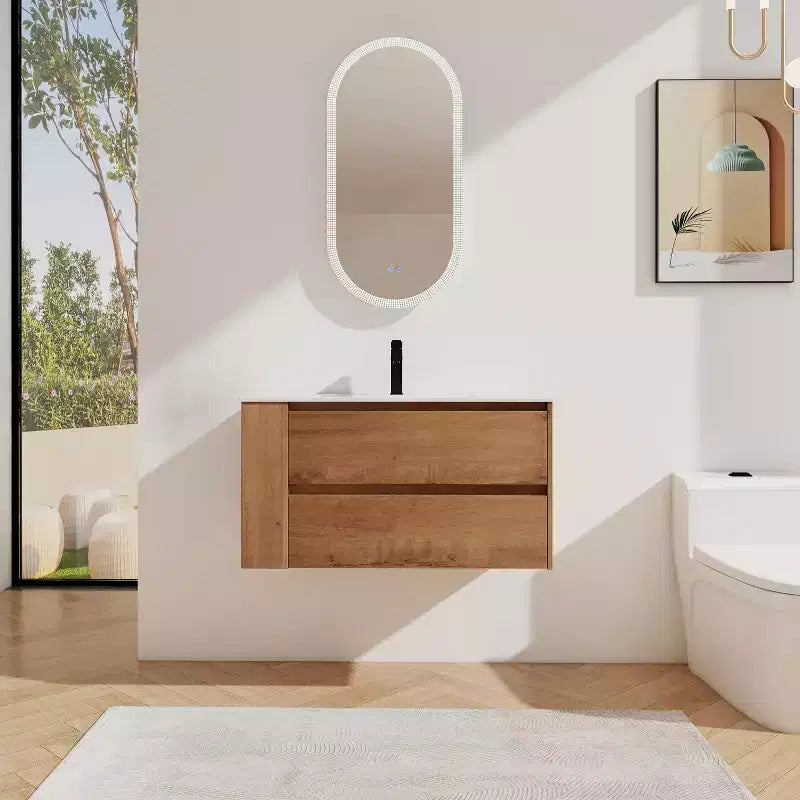 36" Floating Bathroom Vanity with White Ceramic Sink, 2 Soft-Close Drawers & Open Shelf