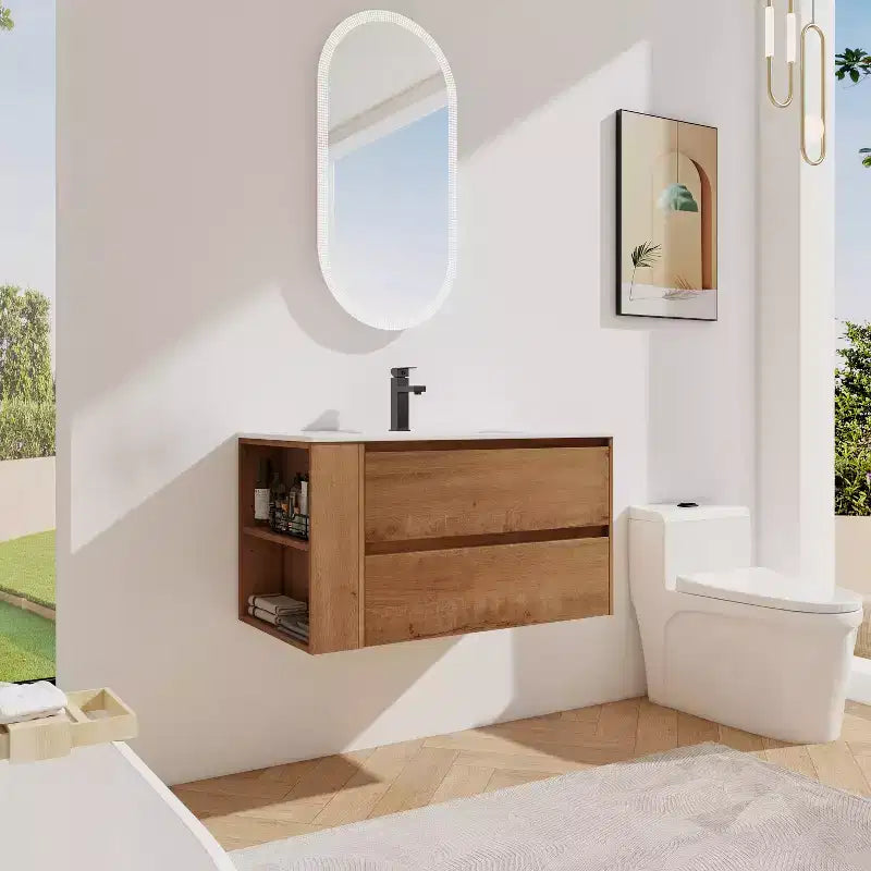 36" Floating Bathroom Vanity with White Ceramic Sink, 2 Soft-Close Drawers & Open Shelf