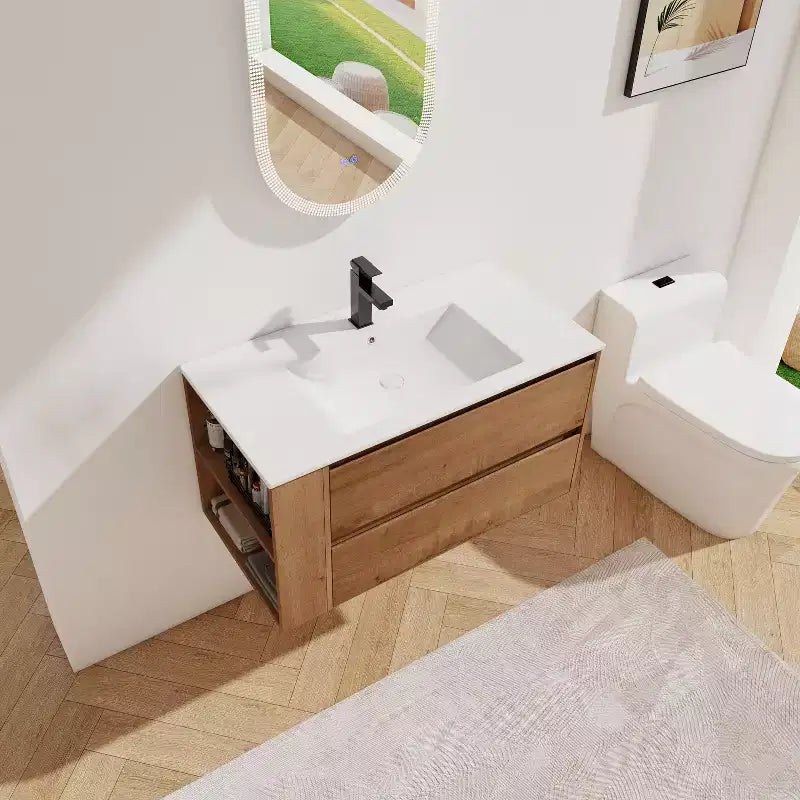 36" Floating Bathroom Vanity with White Ceramic Sink, 2 Soft-Close Drawers & Open Shelf