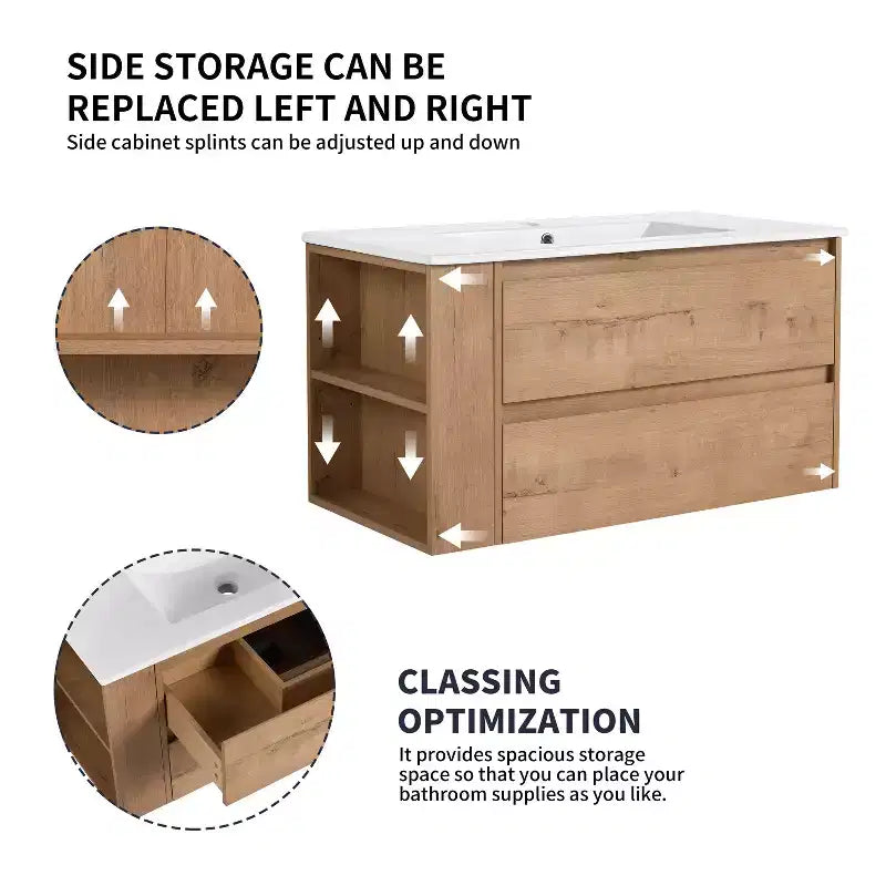36" Floating Bathroom Vanity with White Ceramic Sink, 2 Soft-Close Drawers & Open Shelf