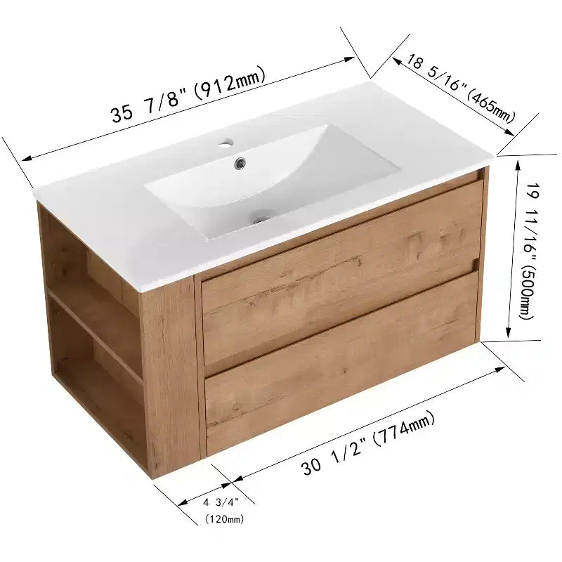 36" Floating Bathroom Vanity with White Ceramic Sink, 2 Soft-Close Drawers & Open Shelf