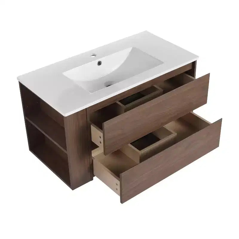 36" Floating Bathroom Vanity with White Ceramic Sink, 2 Soft-Close Drawers & Open Shelf