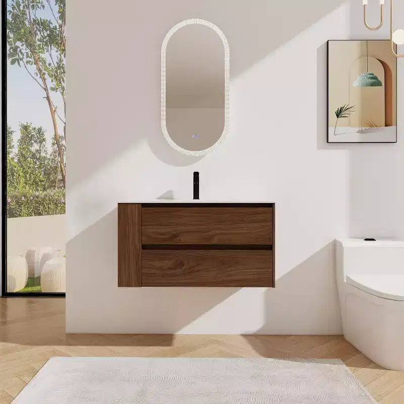 36" Floating Bathroom Vanity with White Ceramic Sink, 2 Soft-Close Drawers & Open Shelf