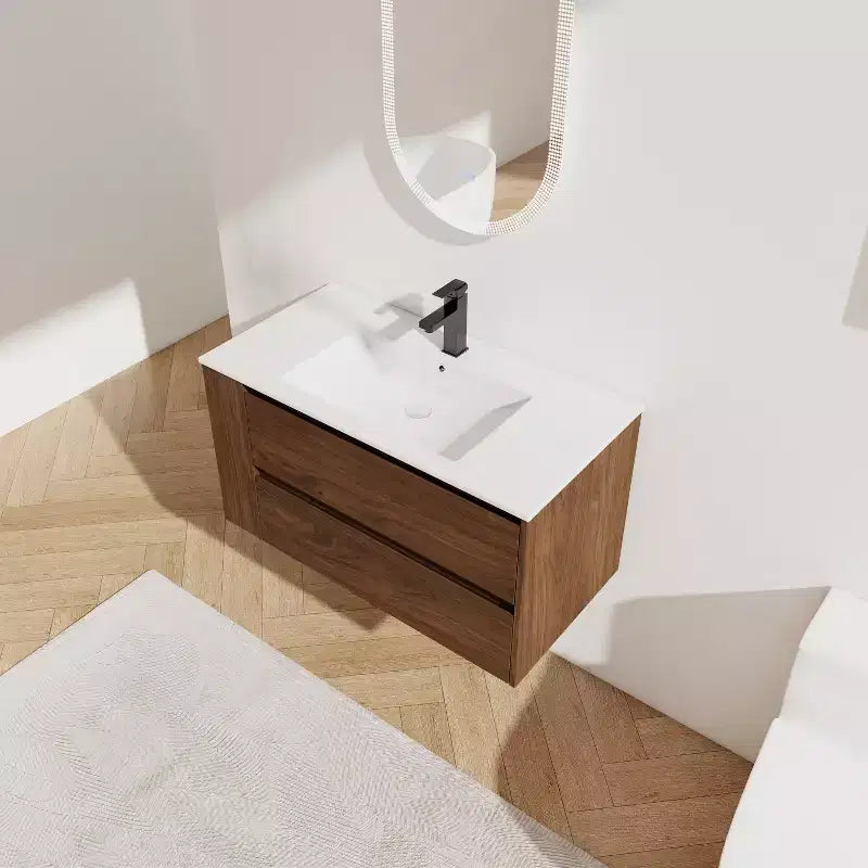 36" Floating Bathroom Vanity with White Ceramic Sink, 2 Soft-Close Drawers & Open Shelf