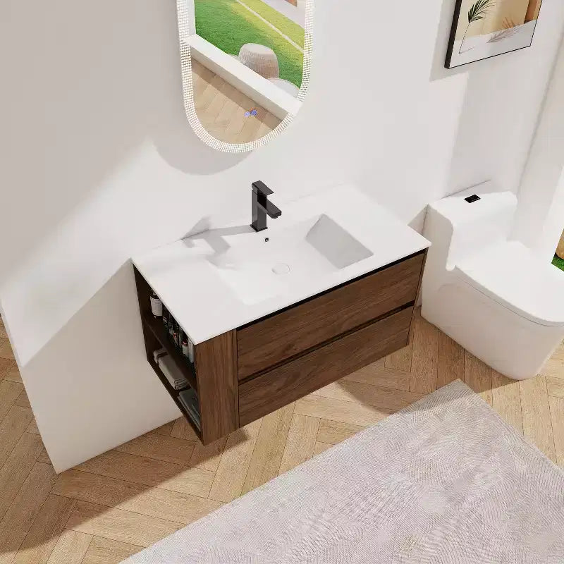36" Floating Bathroom Vanity with White Ceramic Sink, 2 Soft-Close Drawers & Open Shelf