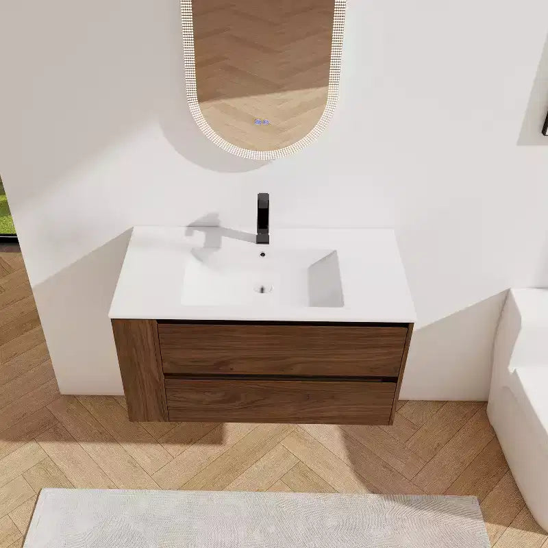 36" Floating Bathroom Vanity with White Ceramic Sink, 2 Soft-Close Drawers & Open Shelf
