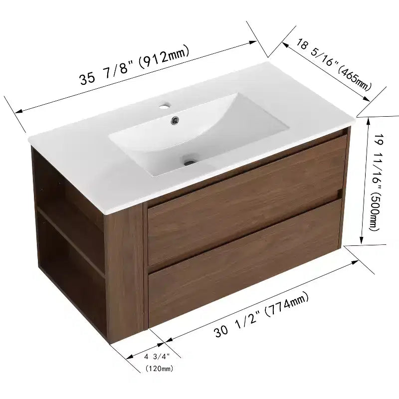 36" Floating Bathroom Vanity with White Ceramic Sink, 2 Soft-Close Drawers & Open Shelf