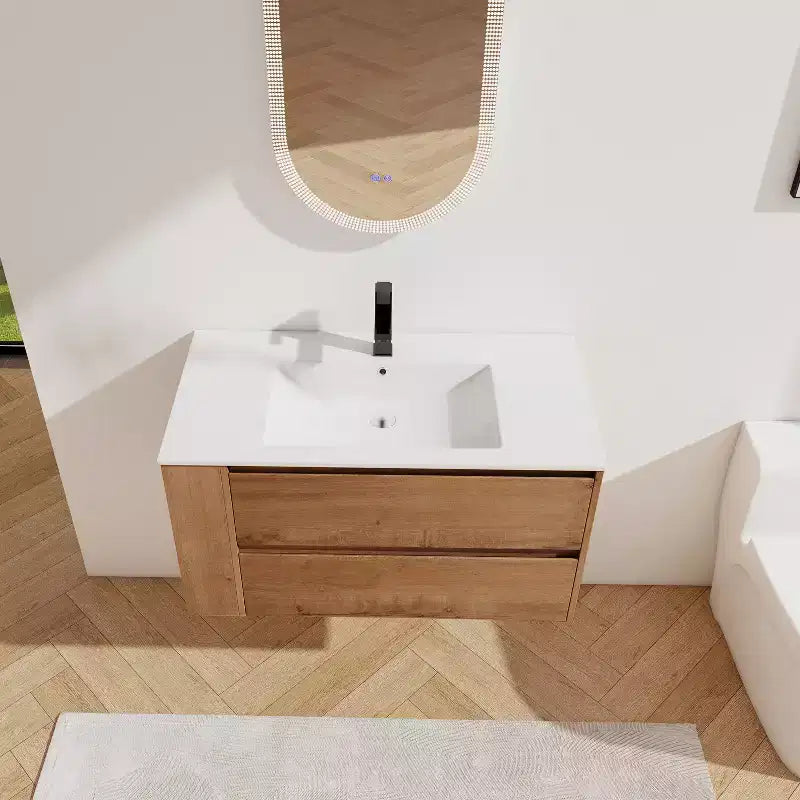 36" Floating Bathroom Vanity with White Ceramic Sink, 2 Soft-Close Drawers & Open Shelf
