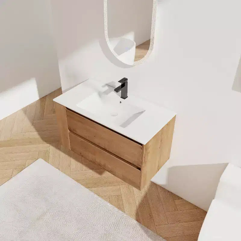 36" Floating Bathroom Vanity with White Ceramic Sink, 2 Soft-Close Drawers & Open Shelf
