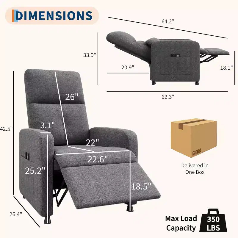 Fauteuil inclinable, Fauteuil inclinable réglable ergonomique surdimensionné, dossier haut, assise rembourrée, 2 poches latérales, siège de cinéma maison pour salon