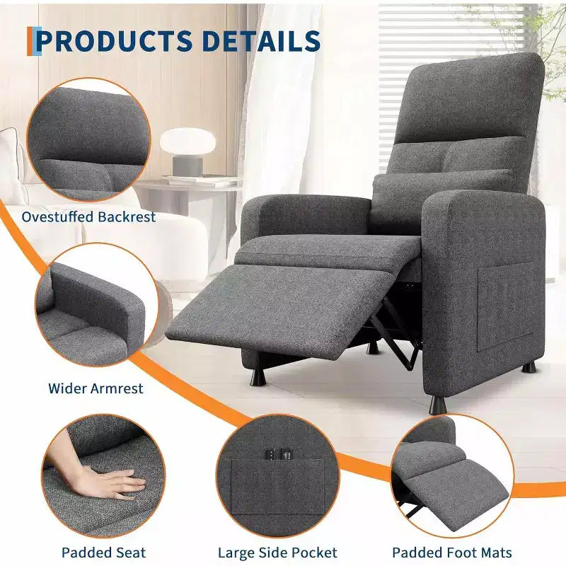 Fauteuil inclinable, Fauteuil inclinable réglable ergonomique surdimensionné, dossier haut, assise rembourrée, 2 poches latérales, siège de cinéma maison pour salon