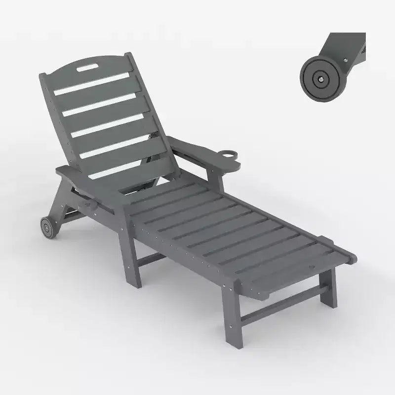Chaise longue de patio 5 positions pour l'extérieur, chaise longue d'extérieur en HDPE avec porte-gobelet, chaise longue de piscine en résine avec roulettes