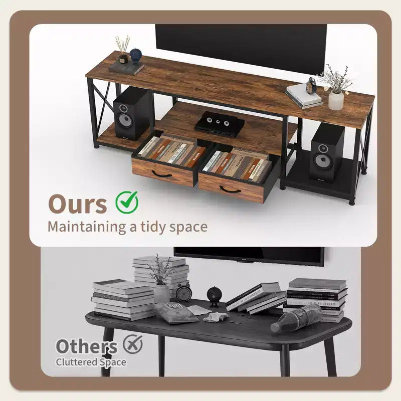 Meuble TV avec tiroirs en tissu pour TV 75 70 65 pouces, console TV, centre de divertissement avec étagères de rangement ouvertes pour salon, chambre, bureau