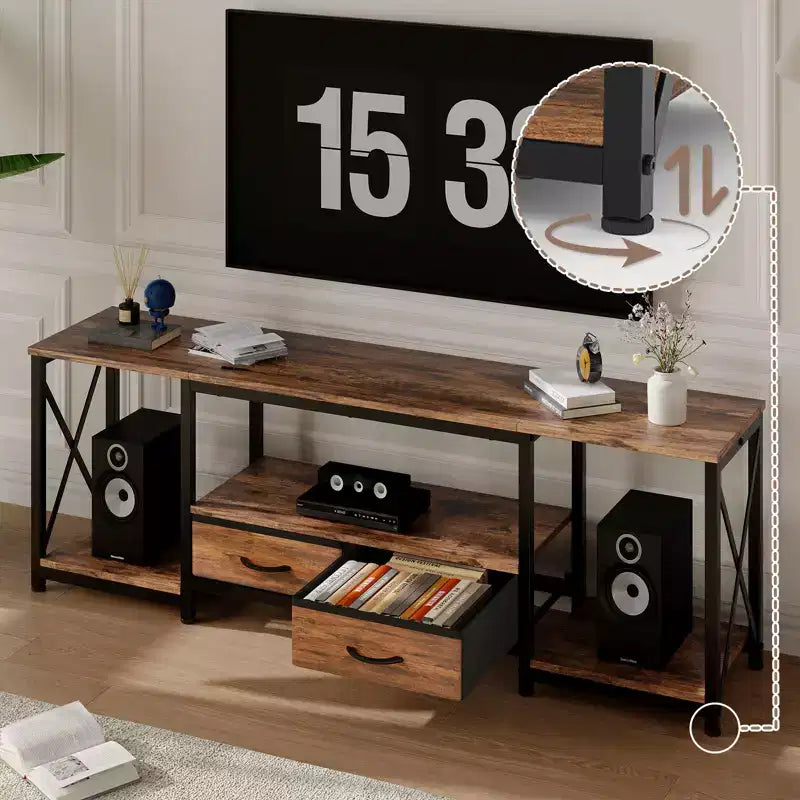 Meuble TV avec tiroirs en tissu pour TV 75 70 65 pouces, console TV, centre de divertissement avec étagères de rangement ouvertes pour salon, chambre, bureau