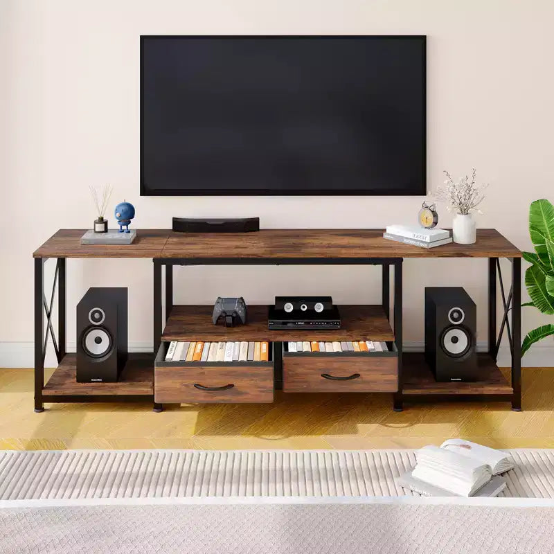 Meuble TV avec tiroirs en tissu pour TV 75 70 65 pouces, console TV, centre de divertissement avec étagères de rangement ouvertes pour salon, chambre, bureau
