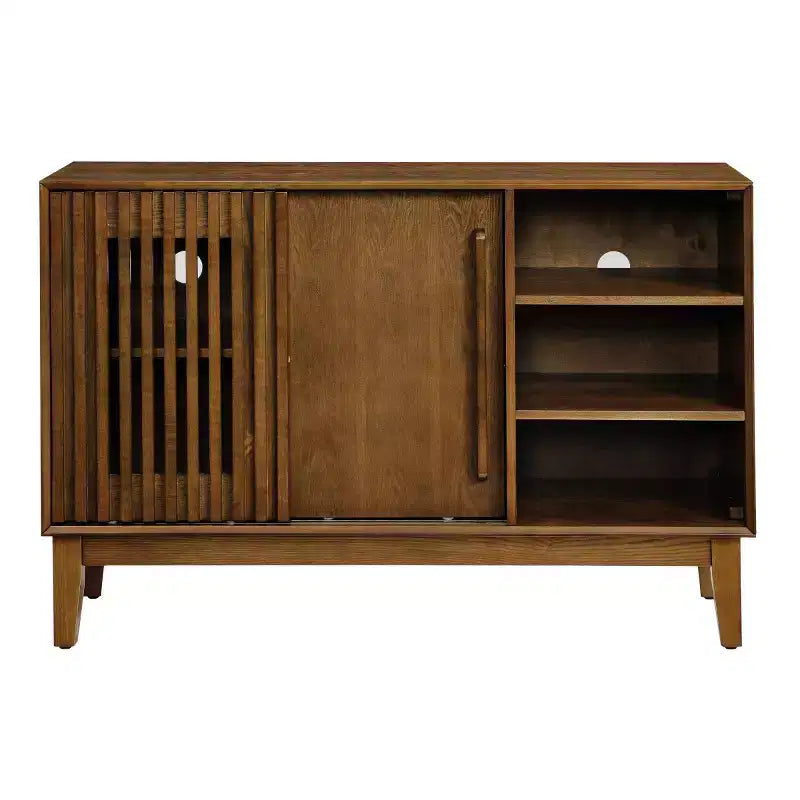 Buffet/meuble TV moderne du milieu du siècle de 119 cm, armoire de rangement avec porte coulissante à lattes et pieds en bois massif
