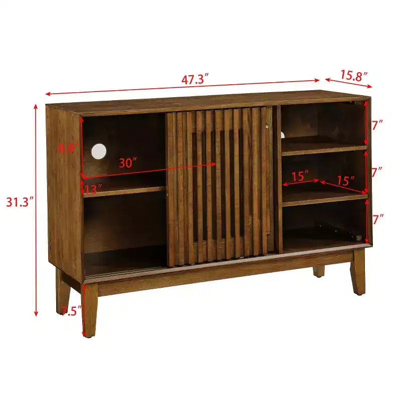 Buffet/meuble TV moderne du milieu du siècle de 119 cm, armoire de rangement avec porte coulissante à lattes et pieds en bois massif
