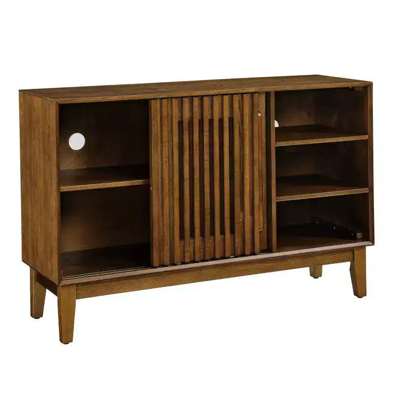 Buffet/meuble TV moderne du milieu du siècle de 119 cm, armoire de rangement avec porte coulissante à lattes et pieds en bois massif