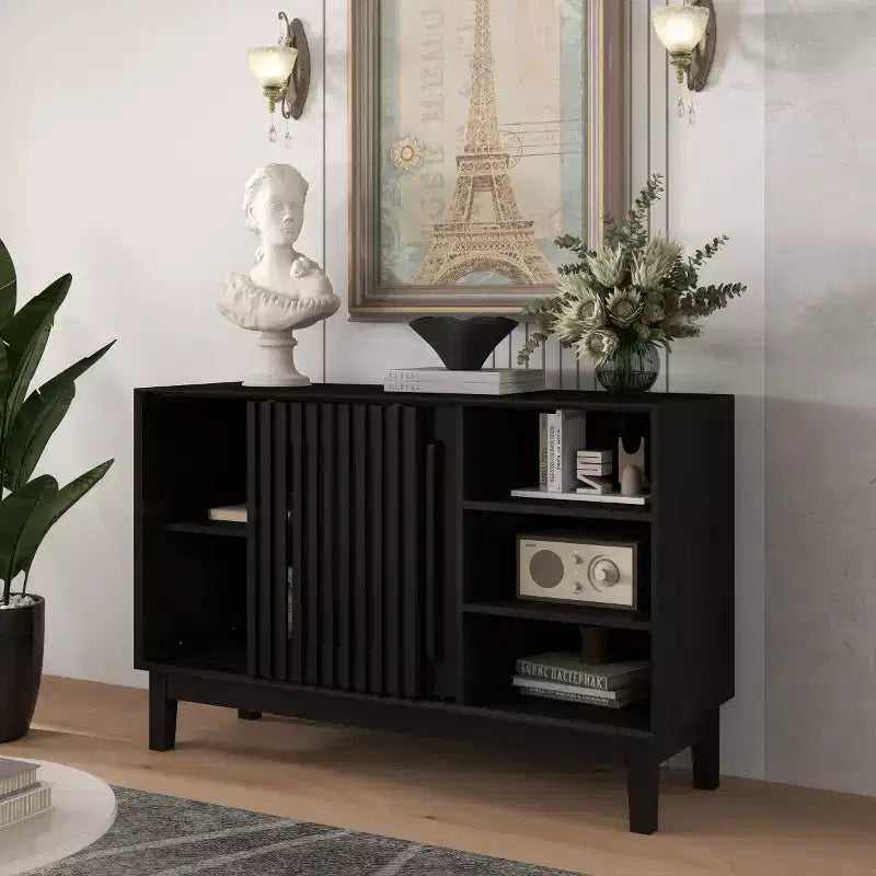 Buffet/meuble TV moderne du milieu du siècle de 119 cm, armoire de rangement avec porte coulissante à lattes et pieds en bois massif
