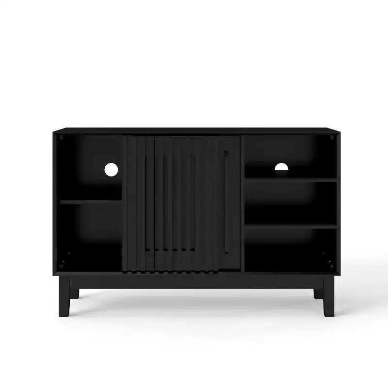 Buffet/meuble TV moderne du milieu du siècle de 119 cm, armoire de rangement avec porte coulissante à lattes et pieds en bois massif