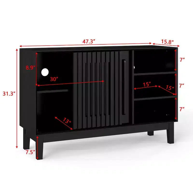 Buffet/meuble TV moderne du milieu du siècle de 119 cm, armoire de rangement avec porte coulissante à lattes et pieds en bois massif