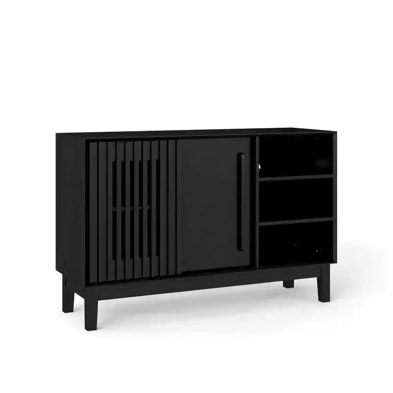 Buffet/meuble TV moderne du milieu du siècle de 119 cm, armoire de rangement avec porte coulissante à lattes et pieds en bois massif
