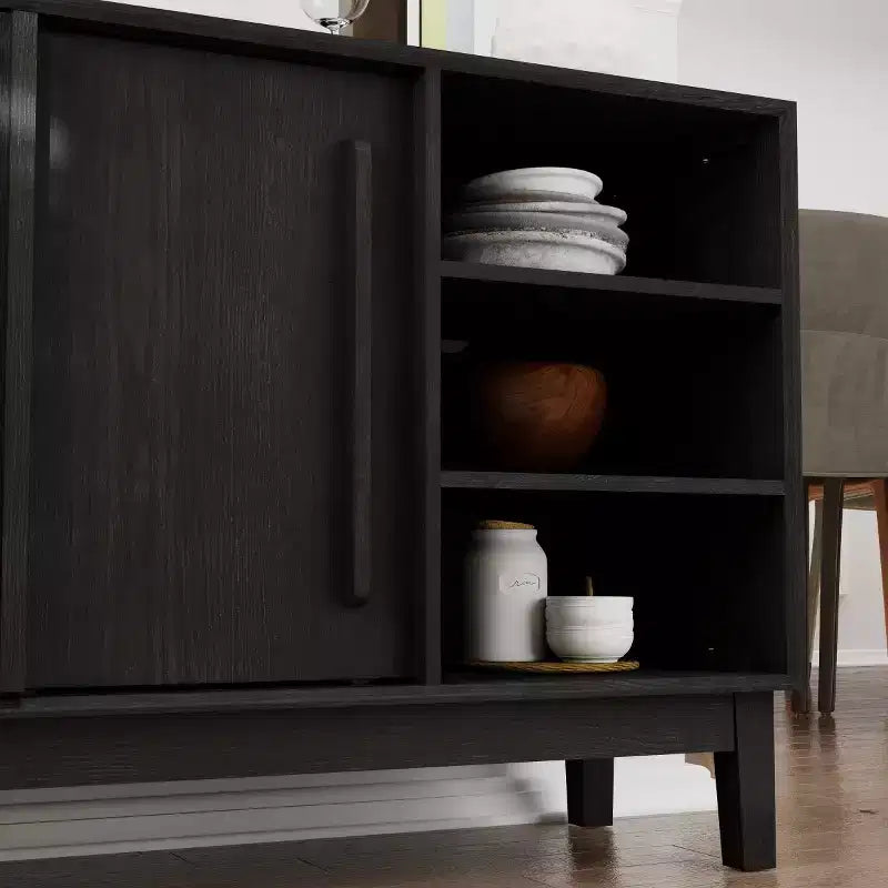 Buffet/meuble TV moderne du milieu du siècle de 119 cm, armoire de rangement avec porte coulissante à lattes et pieds en bois massif