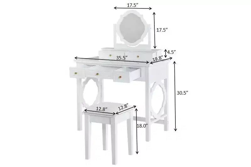 Coiffeuse avec miroir réversible, tabouret en similicuir et 5 tiroirs