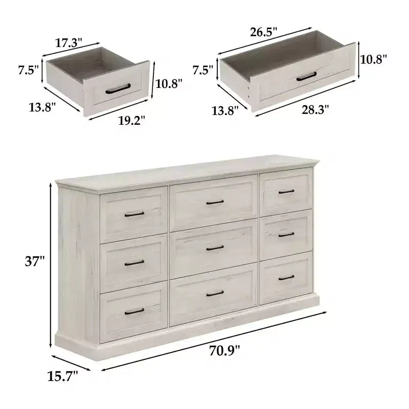 70.9" Wide Rustic 9-Drawer Dresser — Bedroom & Living Room Storage Chest