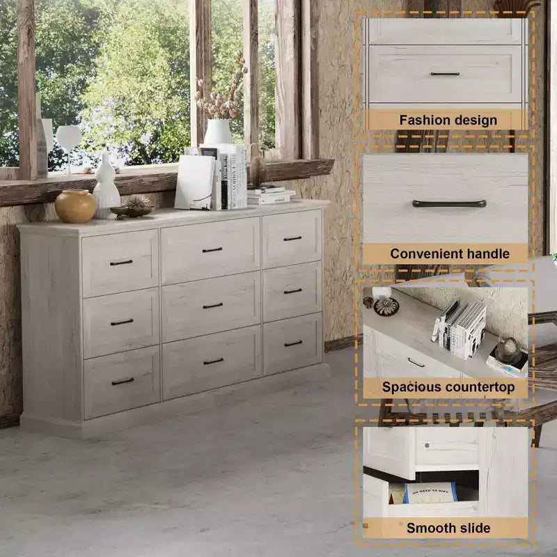 70.9" Wide Rustic 9-Drawer Dresser — Bedroom & Living Room Storage Chest