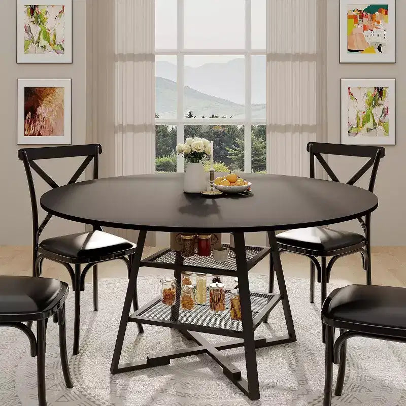 Round Dining Table for 4, 42 Inch Kitchen Table with Storage Shelf, High Top Farmhouse Design Wood & Metal, Family Dining Table for 4-6 People