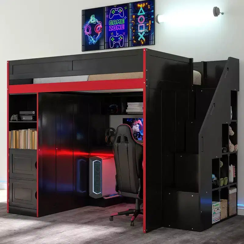 Lit mezzanine gamer avec bureau, rangements et lumières LED