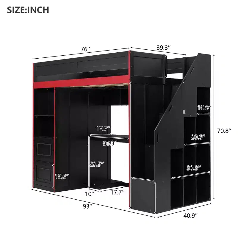 Lit mezzanine gamer avec bureau, rangements et lumières LED