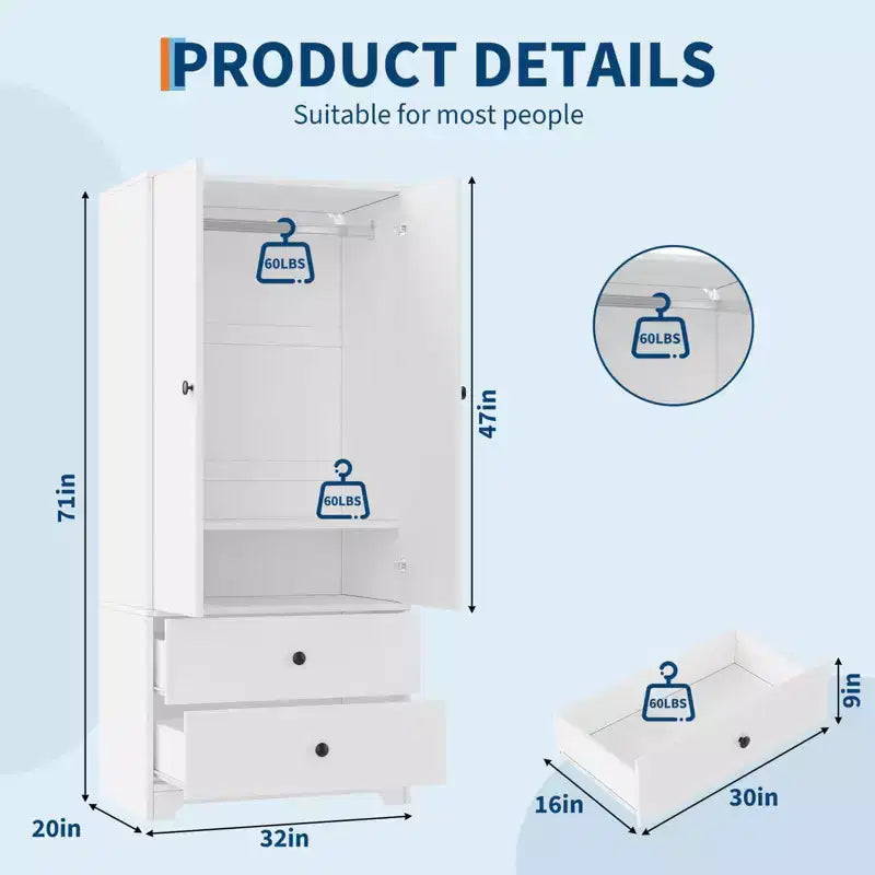 Armoire de rangement à 2 portes, buffet en MDF à panneaux plats pour chambre, salle à manger et maison