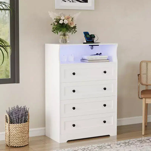 COZONY 31.5 4-Drawer Dresser - Wooden Chest with Charging Station & LED Lights, Narrow Storage Organizer for Bedroom, Living Room, Hallway