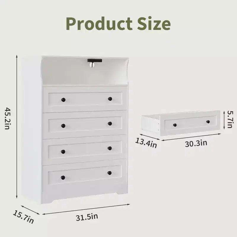 31.5" 4-Drawer Dresser with Charging Station & LED Lights — Narrow Storage Organizer
