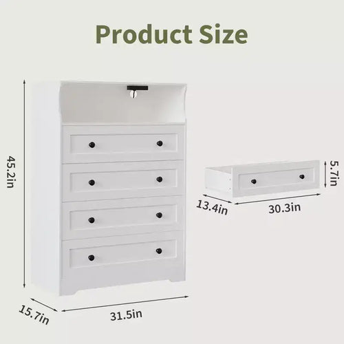 Commode 4 tiroirs de 31,5" avec station de charge et lumières LED — Organisateur de rangement étroit