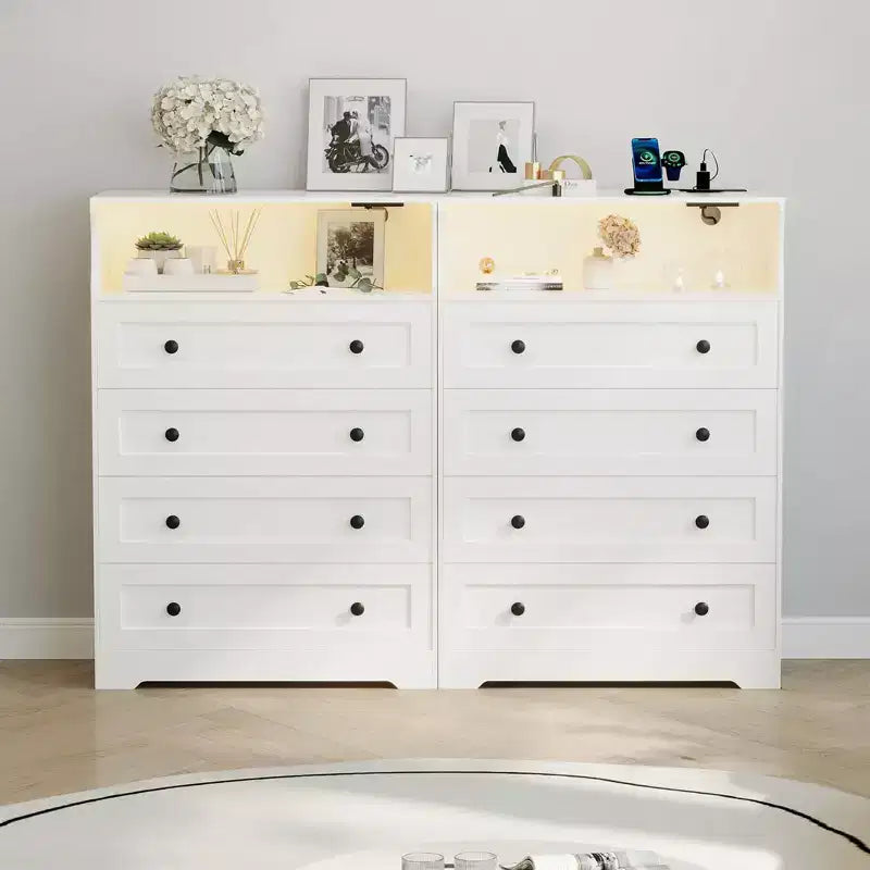31.5" 4-Drawer Dresser with Charging Station & LED Lights — Narrow Storage Organizer