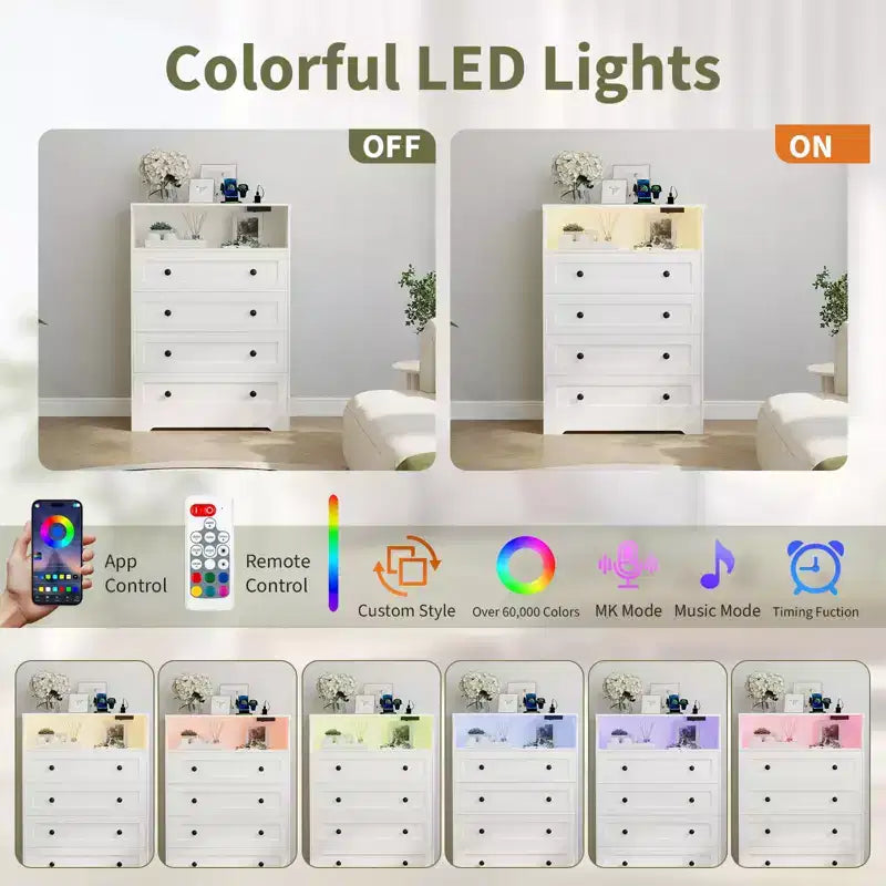 31.5" 4-Drawer Dresser with Charging Station & LED Lights — Narrow Storage Organizer